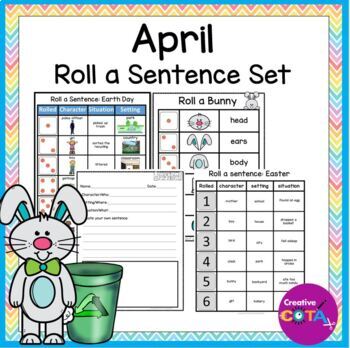 April roll and write a silly sentence, Earth Day baseball and Easter themes