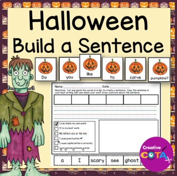 Halloween build a sentence writing center activity and worksheets