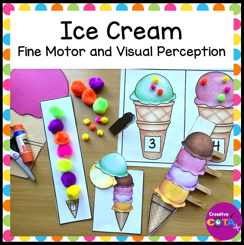 ice cream themed math and fine motor activities for occupational therapy, end of school year, summer school, or back to school