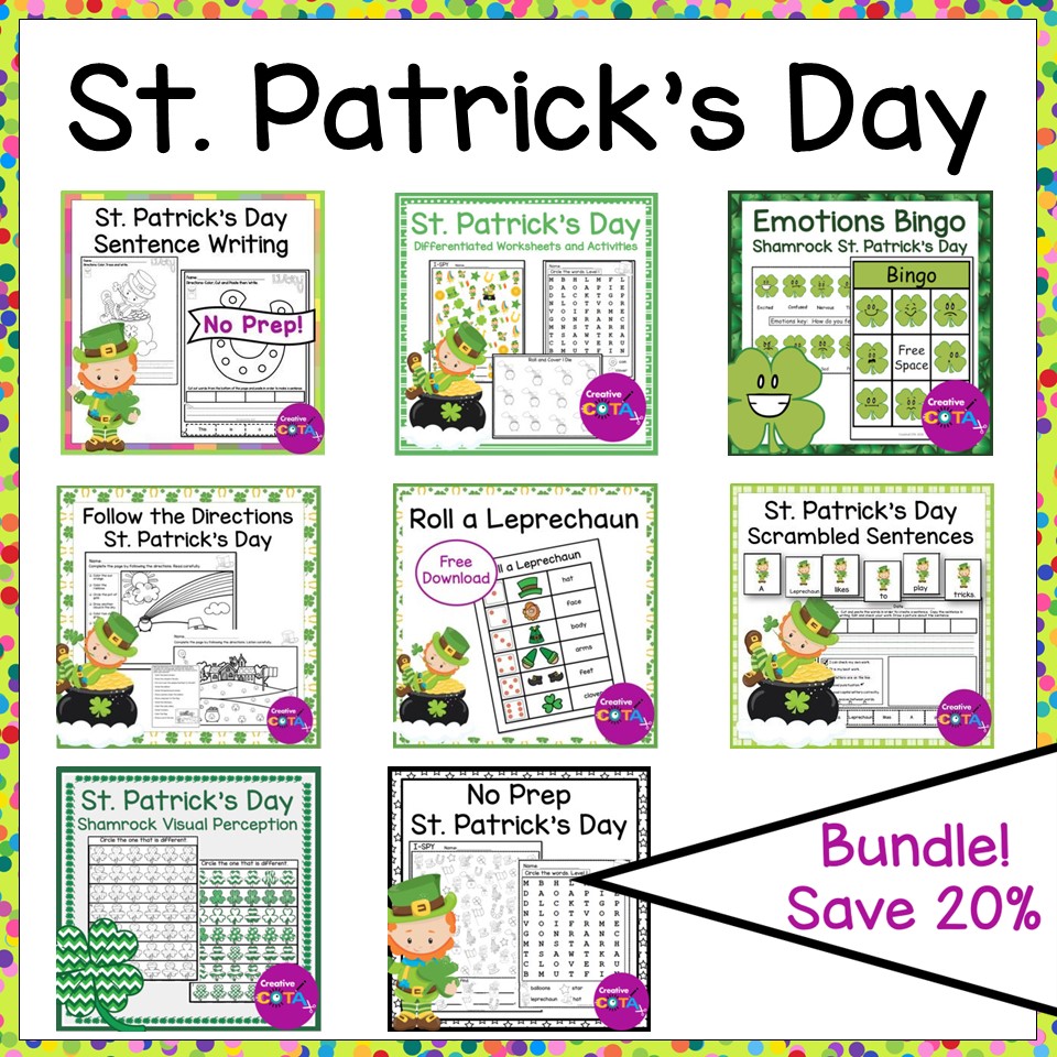 st patricks day occupational therapy, writing, coloring, visual perception, following directions, cutting skills and social emotional learning activities