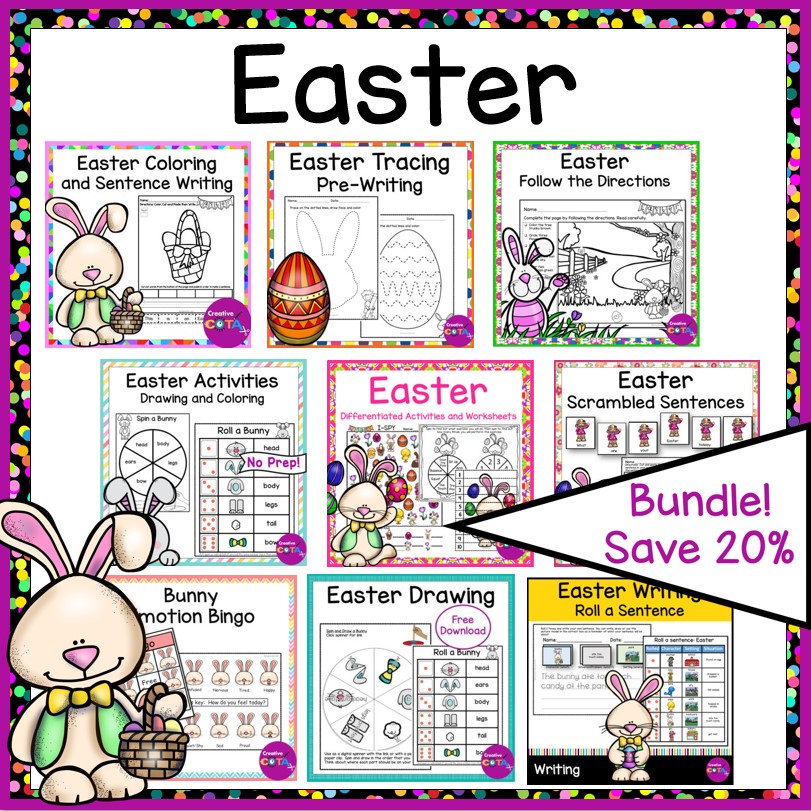 Easter writing, math, pre writing, fine motor, drawing, math and social emotional learning activities