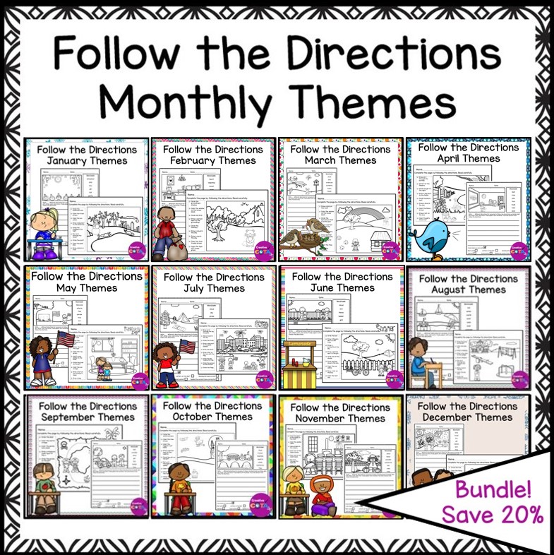 follow directions activities for the entire year. Coloring pages for listening and reading comprehension