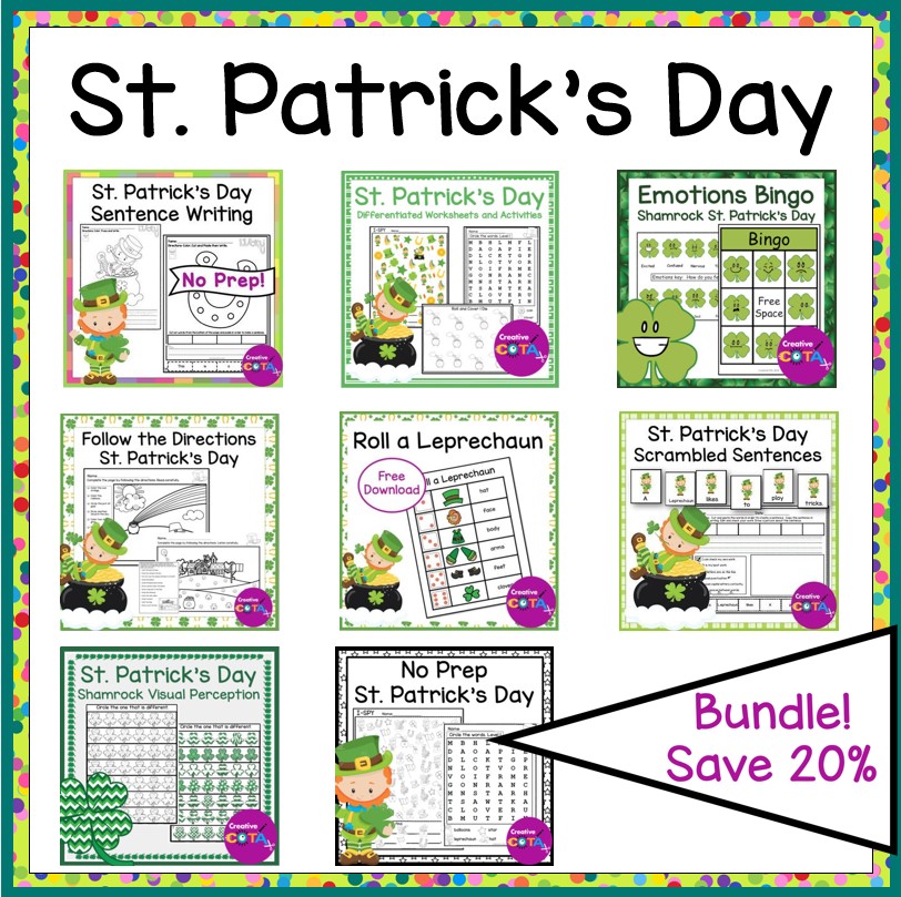 occupational therapy fine motor, writing, drawing, visual perception and social emotional learning activities for St. Patrick's Day