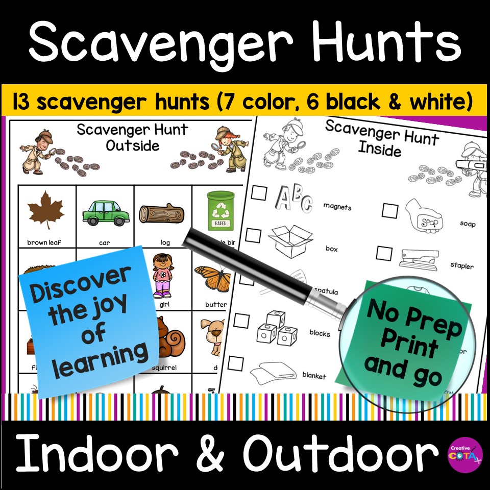 indoor and nature scavenger hunts for summer school end of school year back to school