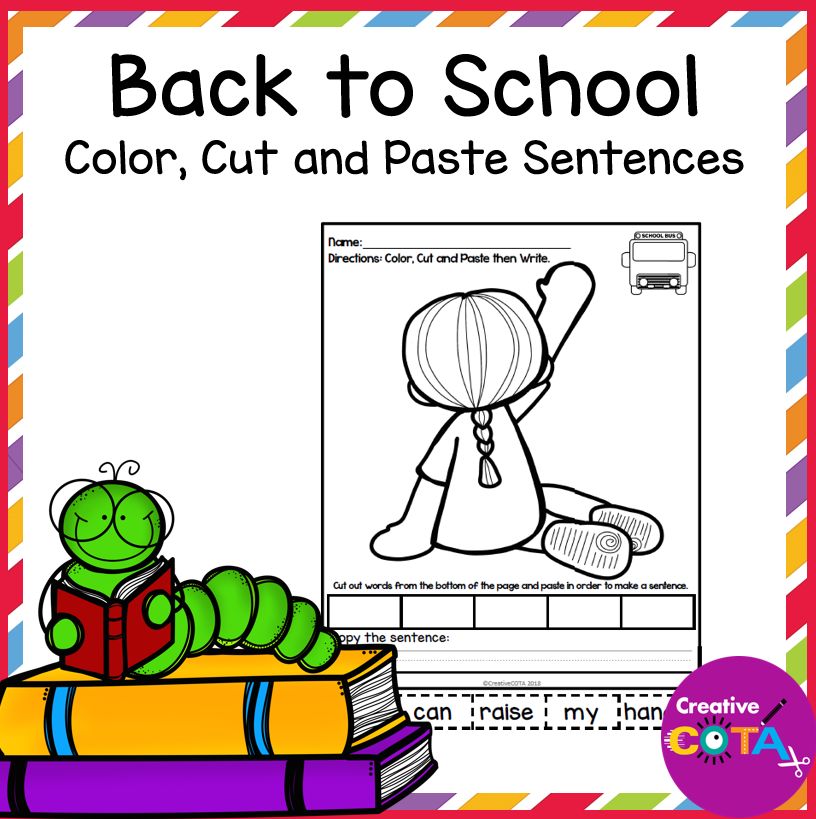 back to school coloring pages with cut and paste then write a sentence worksheets