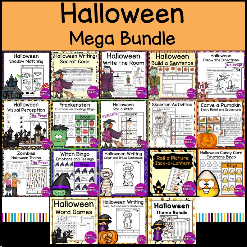 Halloween fine motor, social emotional learning, handwriting, visual perception, math, and narrative writing activities for occupational therapy