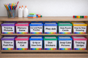 shelf with bins of fine motor tasks in a classroom
