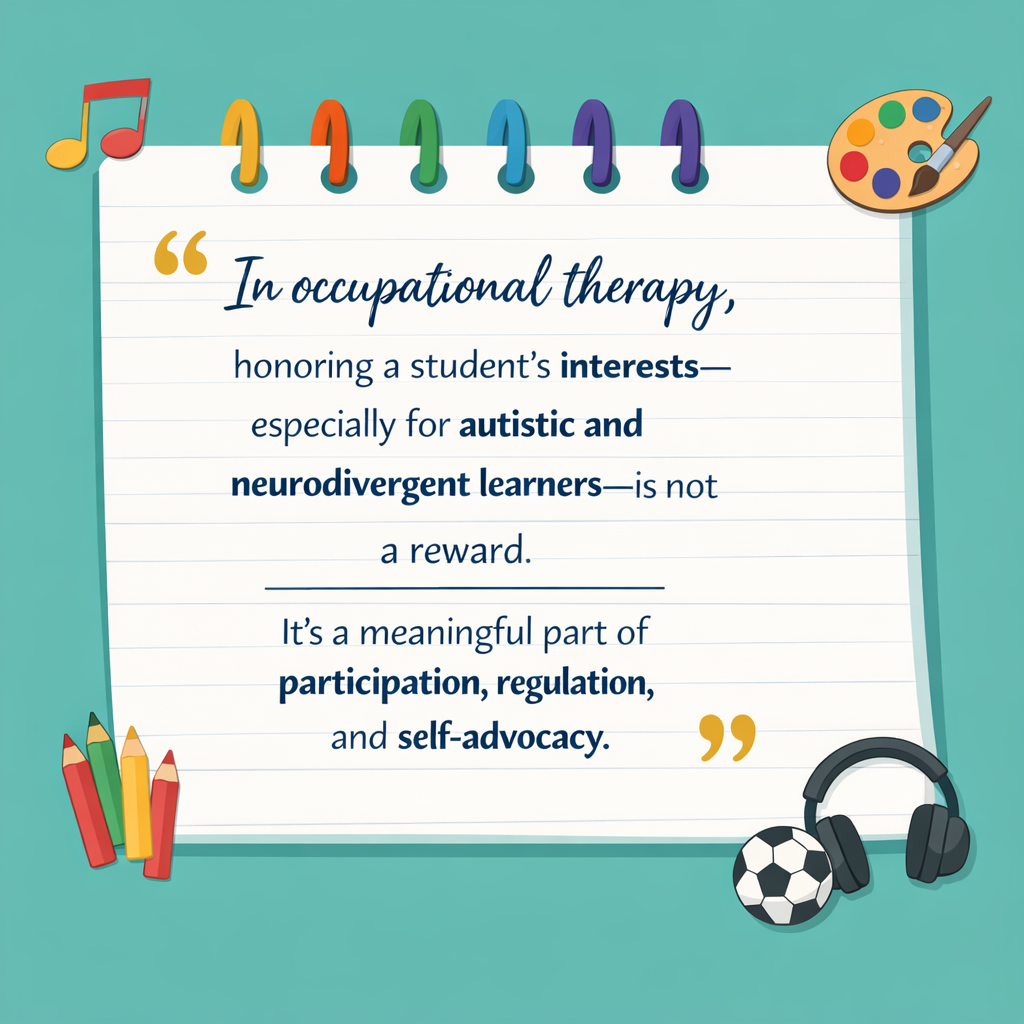 In occupational therapy, honoring a student’s interests—especially for autistic and neurodivergent learners—is not a reward. It’s a meaningful part of participation, regulation, autonomy, and self-advocacy